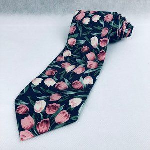 Floral Tie Dark Blue Background with White, Pink and Burgundy Flowers 100% Silk